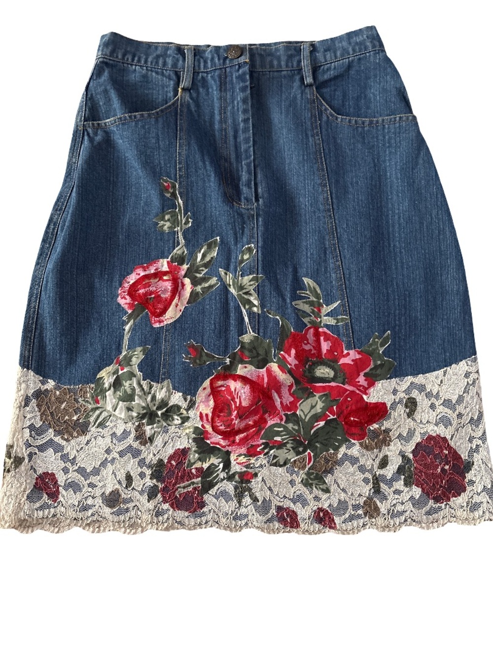 Monroe & Main Denim A-Line Skirt with Red Rose Print and Cream Lace